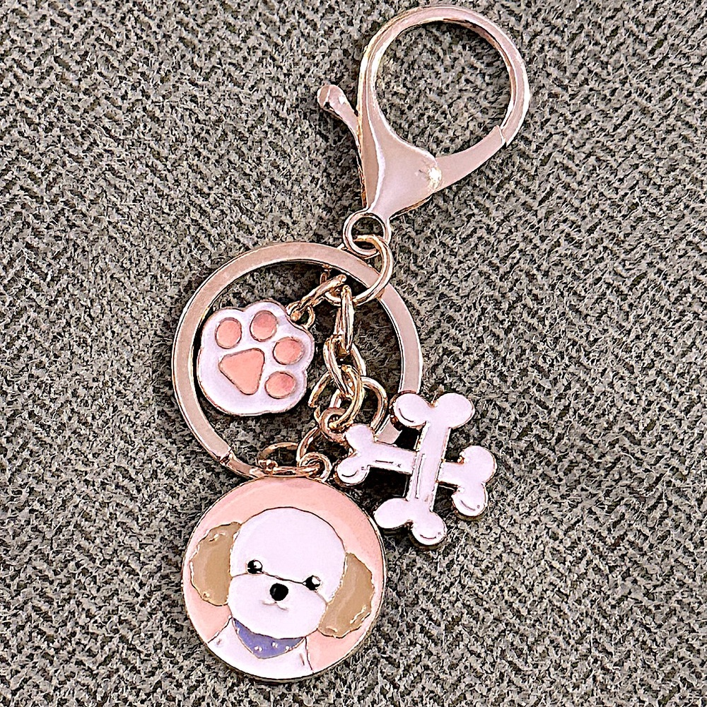 Dog Keychain with Charms - great for a gift! - rose gold tone, lobster clasp